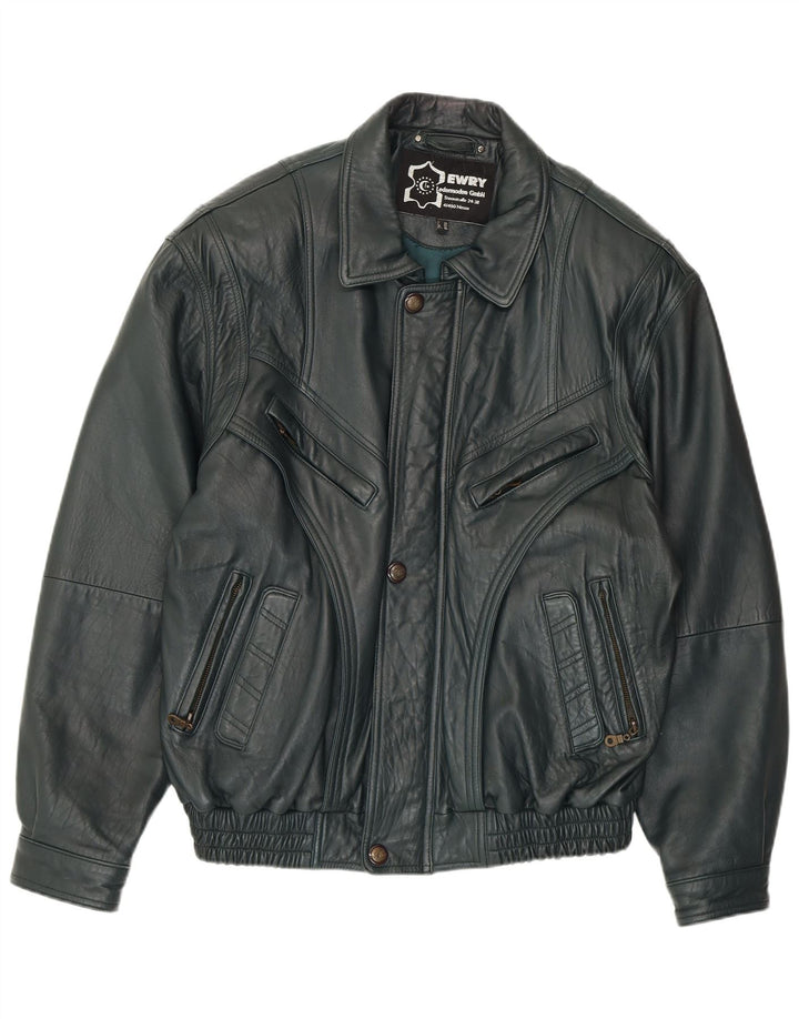 VINTAGE Herre Læderjakke EU 56 3XL Grønt Læder