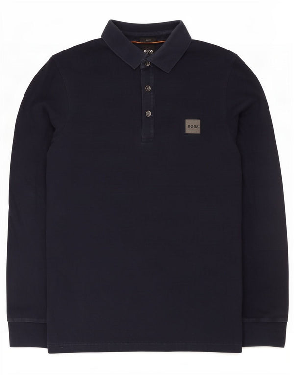 Hugo Boss Mens Long Sleeve Slim Fit Polo Shirt Small Navy Blue Cotton