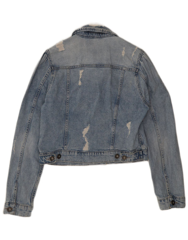 Dkny Womens Crop Distressed Denim Jacket UK 14 Medium Blue Cotton