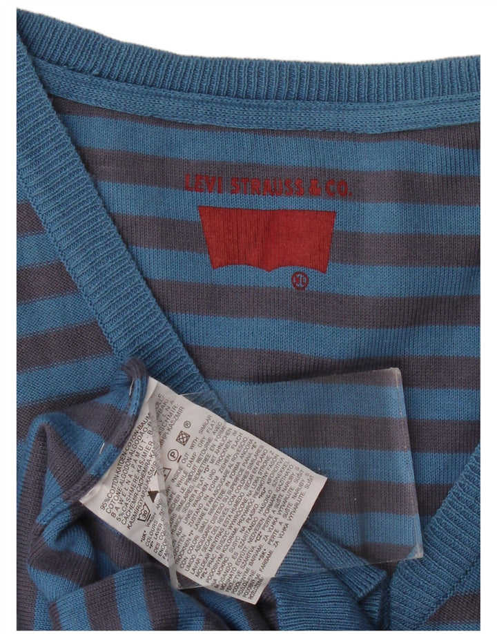 LEVI'S Herre V-hals sweater XL blå stribet bomuld