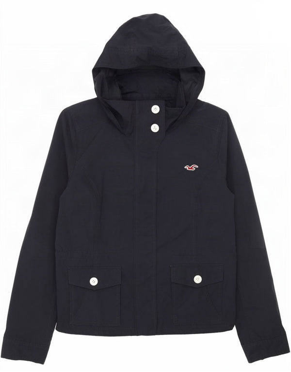Hollister Dame Hooded Bomber Jacket UK 14 Large Navy Blue Bomuld