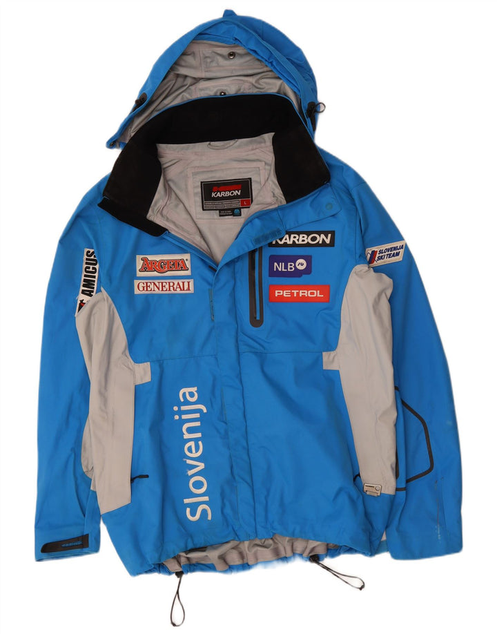 KARBON Herre grafisk regnjakke med hætte UK 40 Large Blue Colourblock Nylon