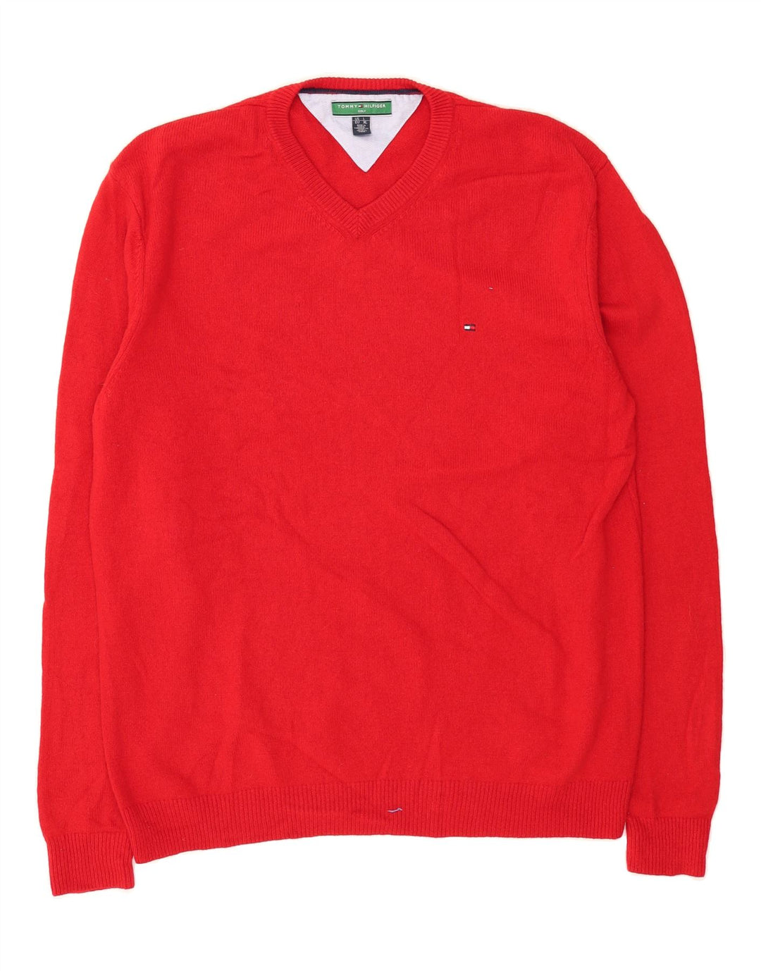 TOMMY HILFIGER Mens V-Neck Jumper Sweater Large Red Wool Vintage Tommy Hilfiger and Second-Hand Tommy Hilfiger from Messina Hembry 
