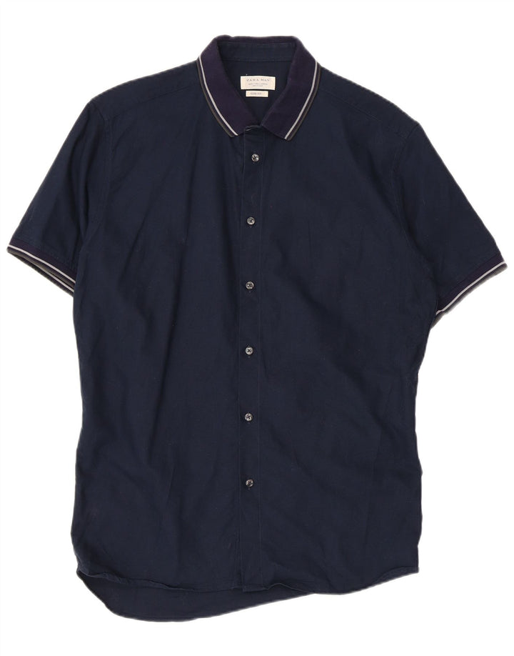 ZARA Mens Slim Fit Short Sleeve Shirt Large Navy Blue