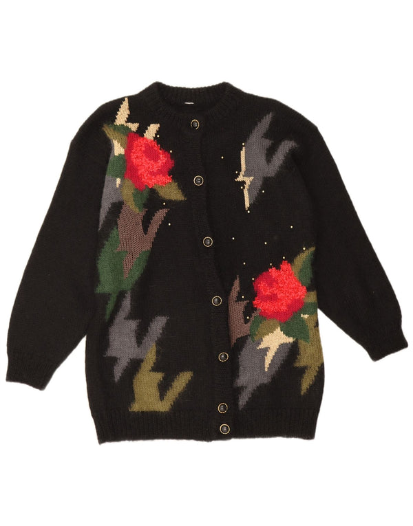 Vintage Dame Jumper Sweater UK 16 Large Black Floral Acryl