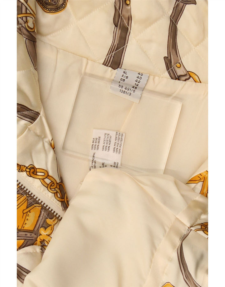 VINTAGE Dame Abstrakt mønster Quiltet Gilet UK 14 Large Off White Silke