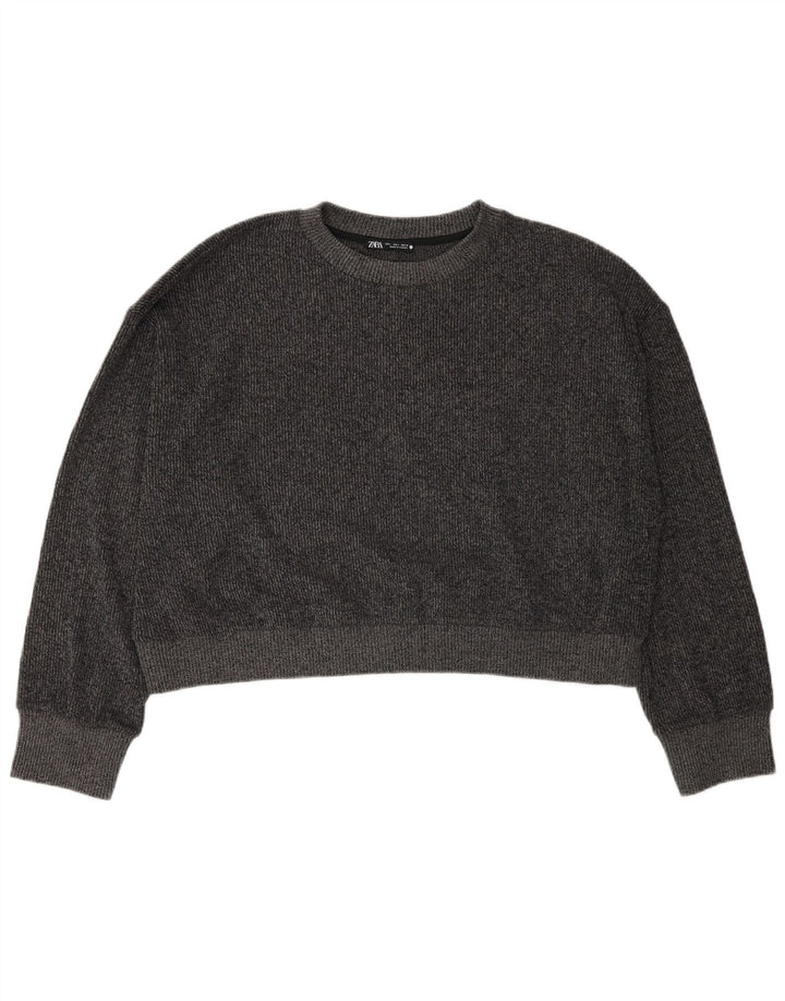 Zara Womens Crop Oversized Crew Neck Jumper Sweater UK 16 Large Grey