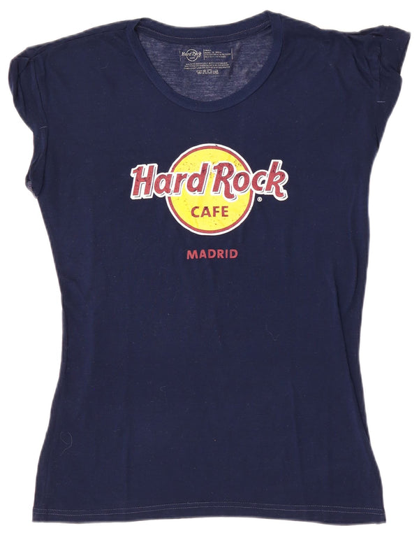 Hard Rock Cafe Dame Madrid Grafisk T-Shirt Top UK 10 Small Navy Blue