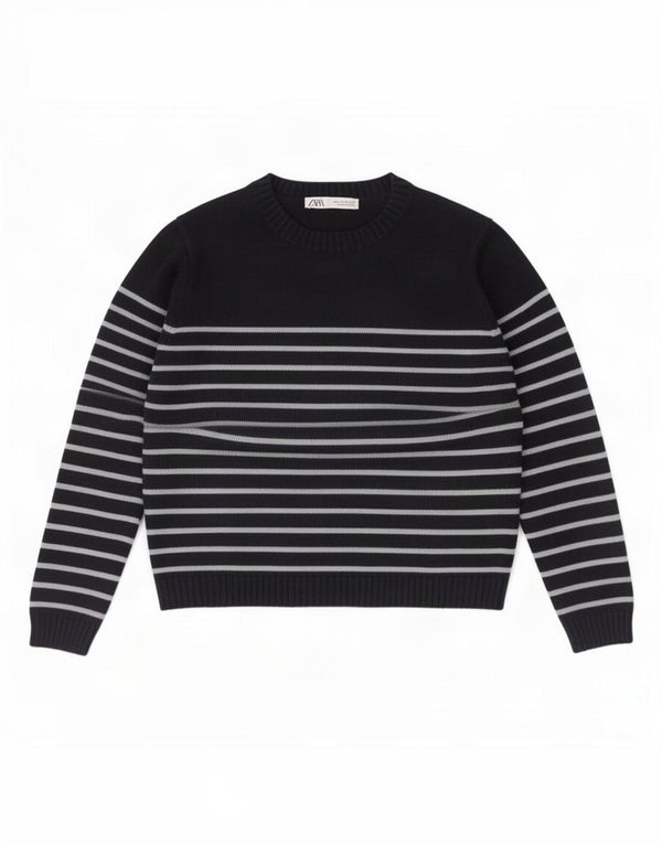 Zara Womens Crop Crew Neck Jumper Sweater UK 14 Medium Navy Blue Striped