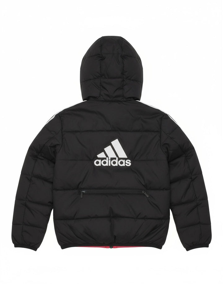 ADIDAS Girls Graphic Hooded Padded Jacket 7-8 Years Black Polyester