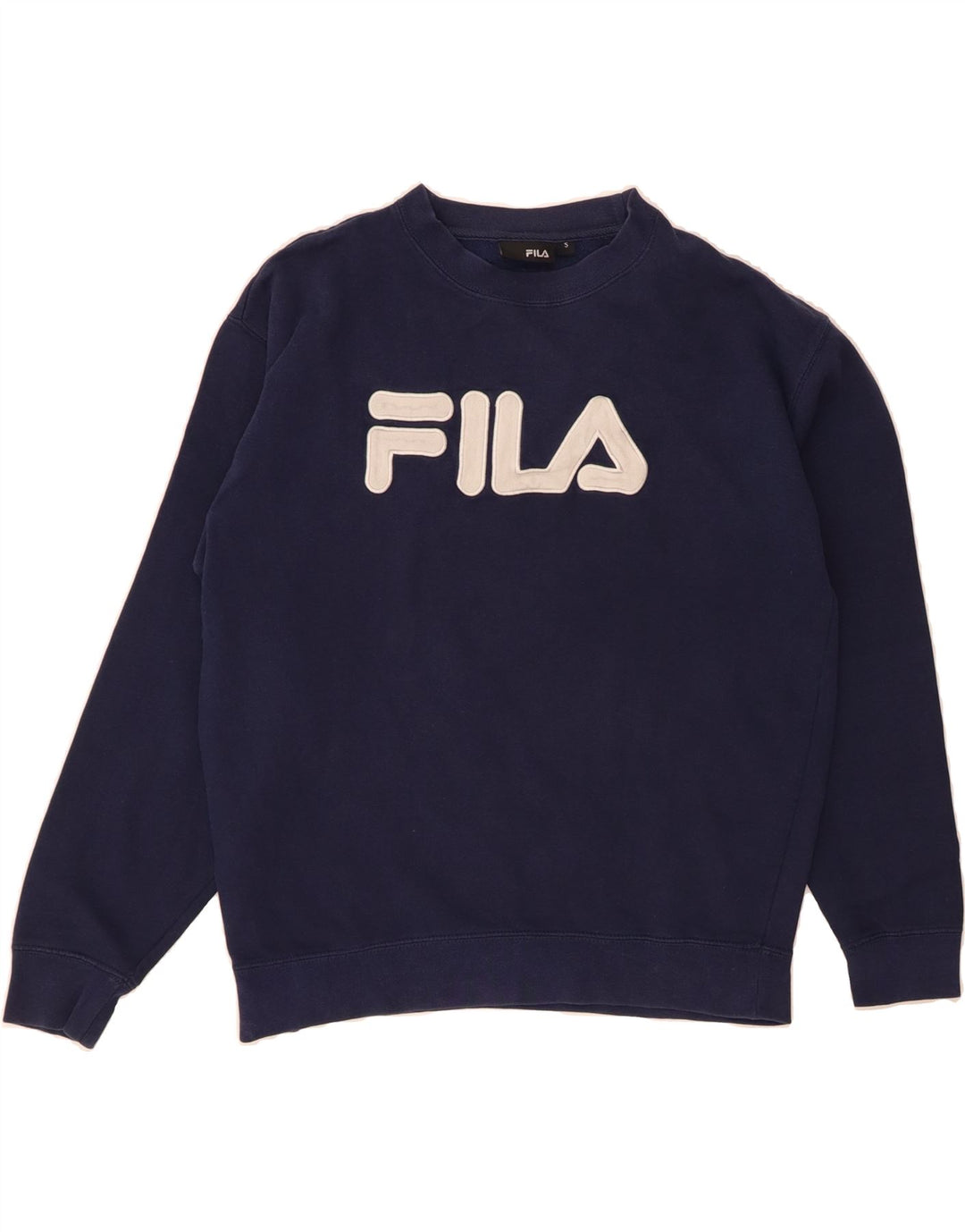FILA Mens Graphic Sweatshirt Jumper Small Navy Blue Cotton Vintage Fila and Second-Hand Fila from Messina Hembry 