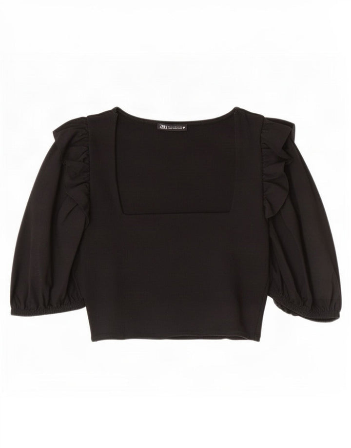 Zara Dame 3/4 ærmet Crop Top UK 12 Medium Sort Bomuld