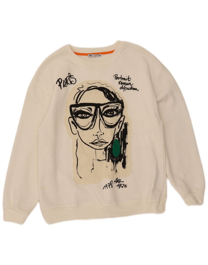 Zara Graphic Sweatshirt Jumper UK 14 Medium White Polyester