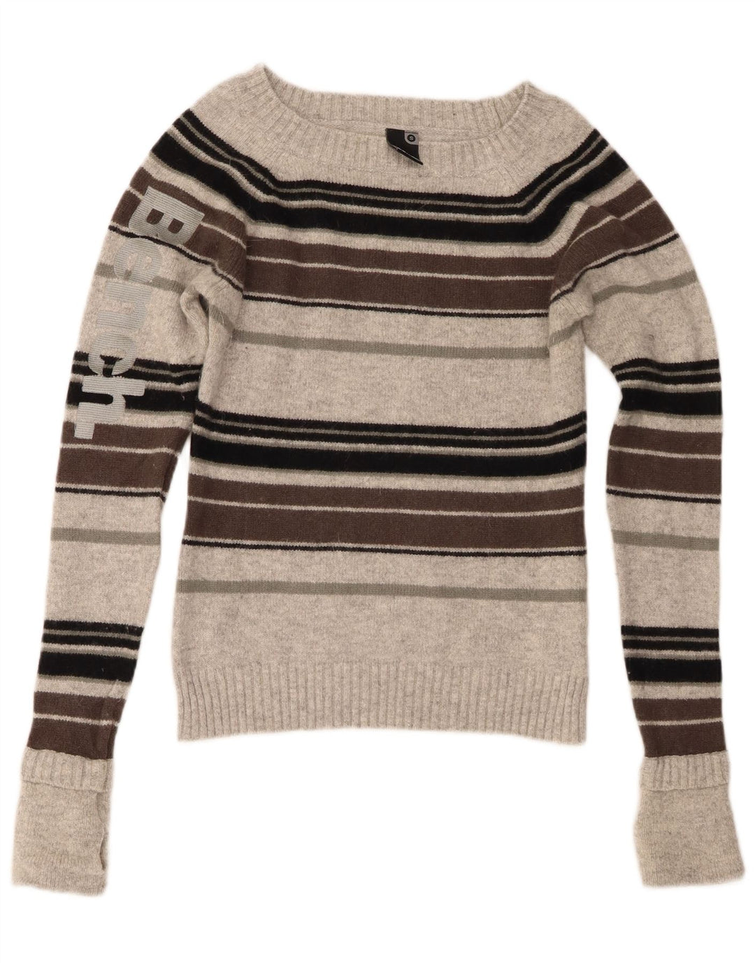 Bænk Dame Grafisk Boat Neck Jumper Sweater UK 10 Lille Grå Stribet