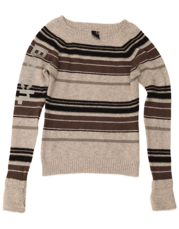 Bænk Dame Grafisk Boat Neck Jumper Sweater UK 10 Lille Grå Stribet