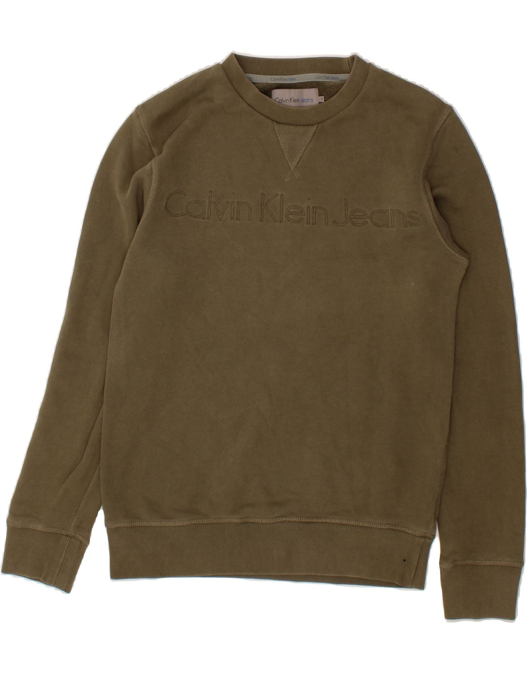 CALVIN KLEIN JEANS Mens Graphic Sweatshirt Jumper Small Khaki Cotton Vintage Calvin Klein Jeans and Second-Hand Calvin Klein Jeans from Messina Hembry 