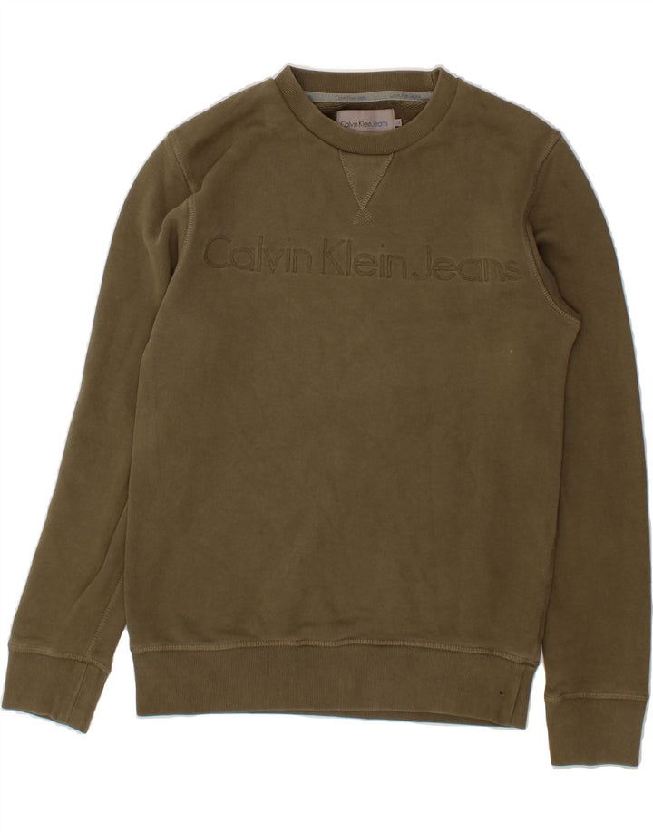 CALVIN KLEIN JEANS Mens Graphic Sweatshirt Jumper Small Khaki Cotton Vintage Calvin Klein Jeans and Second-Hand Calvin Klein Jeans from Messina Hembry 