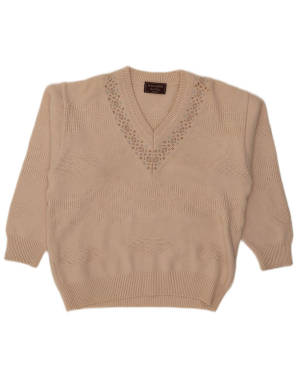Malagrida Dame V-hals sweater UK 18 XL Beige Geometrisk