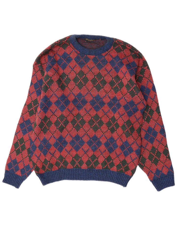 Vintage herre rund hals sweater medium rød Argyle/diamant
