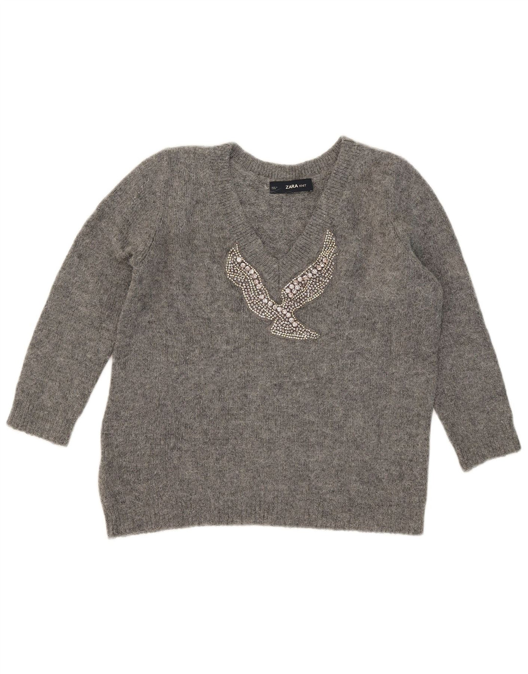 Zara Dame Grafisk V-hals sweater UK 10 Small Grey