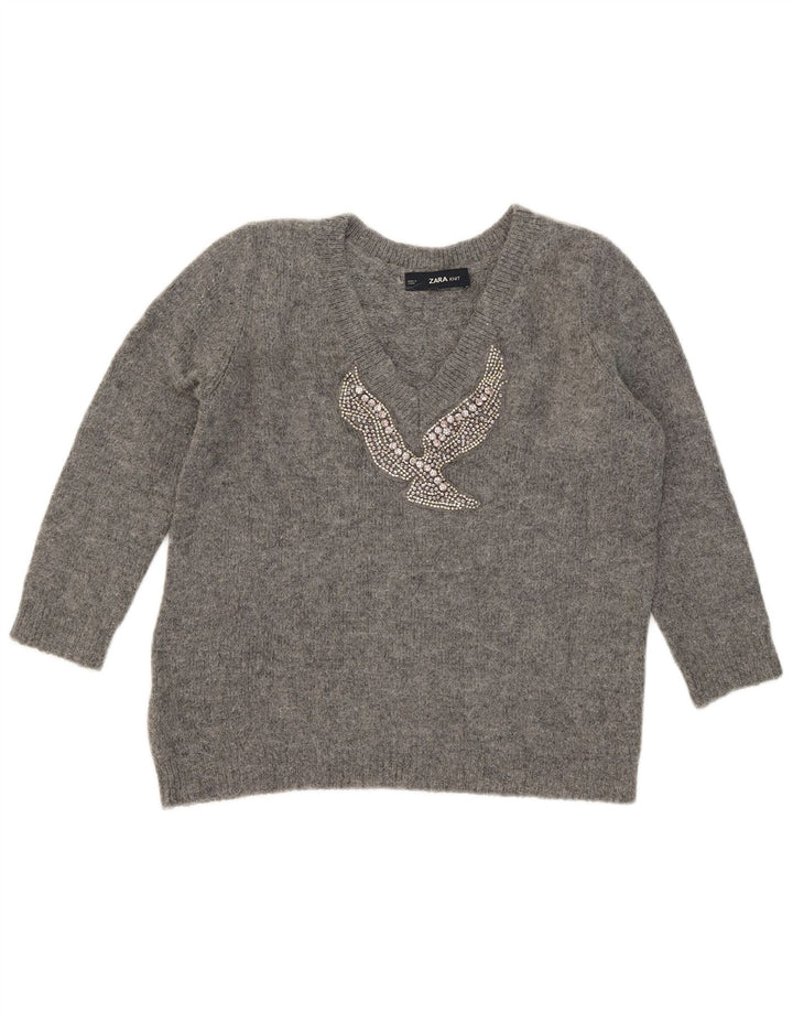 Zara Dame Grafisk V-hals sweater UK 10 Small Grey