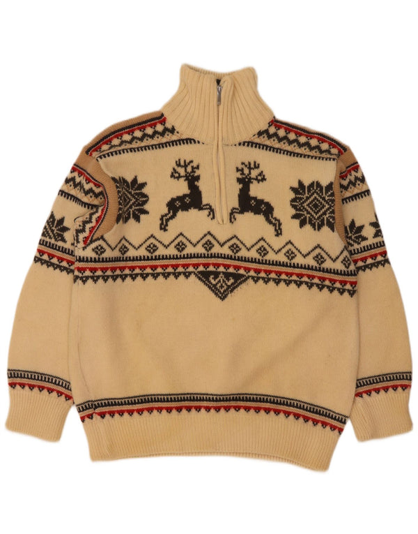 Kilkenny Mens Zip Neck Jumper Sweater Small Beige Fair Isle Wool