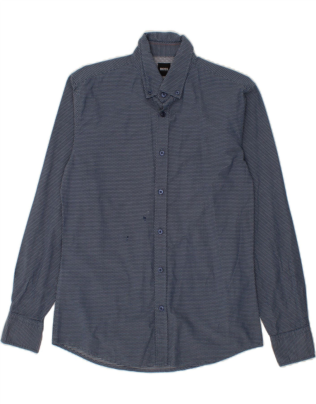 HUGO BOSS Mens Abstract Pattern Slim Fit Shirt Medium Navy Blue Cotton Vintage Hugo Boss and Second-Hand Hugo Boss from Messina Hembry 