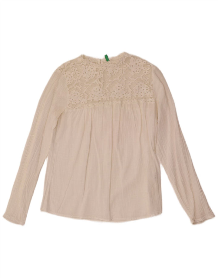 Benetton Dame Langærmet Bluse Top UK 10 Small White Bomuld