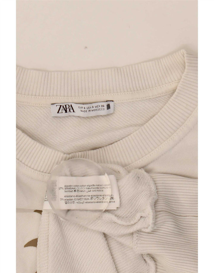 Zara Womens Grafisk Oversized Sweatshirt Jumper UK 10 Small White Bomuld