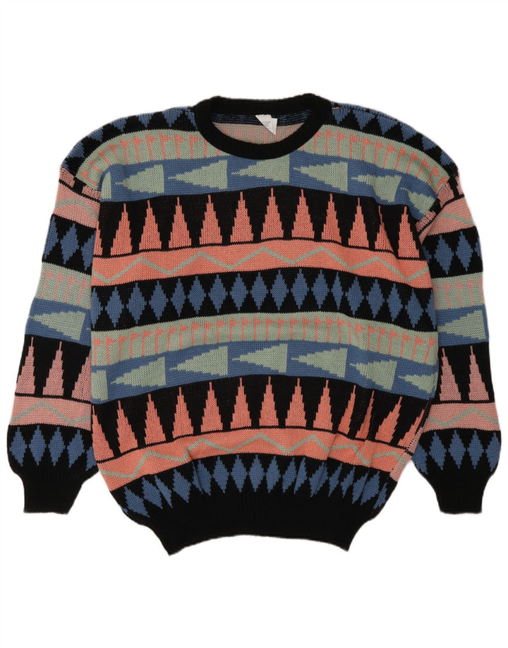 Vintage herre rund hals sweater stor flerfarvet geometrisk akryl