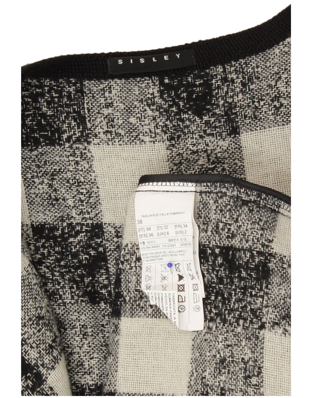 Sisley Dame Oversized Blazer Jacket UK 6 XS Sort Gingham Akryl