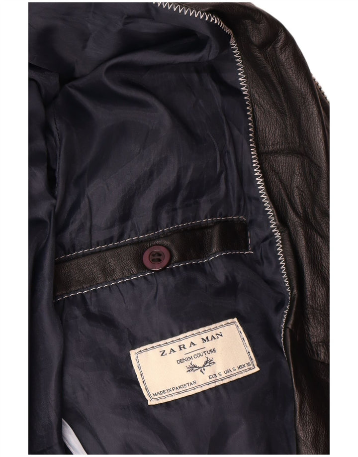 Zara Dame Læder Bomber Jacket UK 10 Lille sort læder