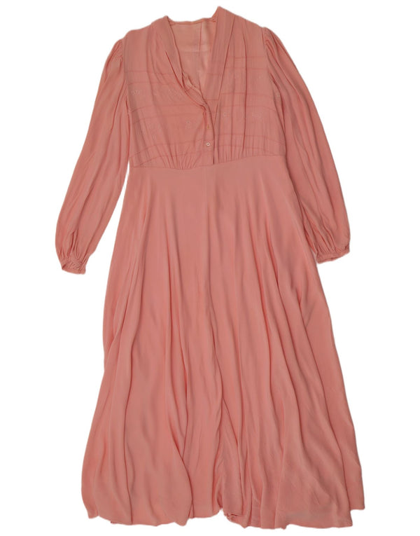 Vintage Dame Langærmet Maxi Tea Dress UK 12 Medium Pink Floral Retro