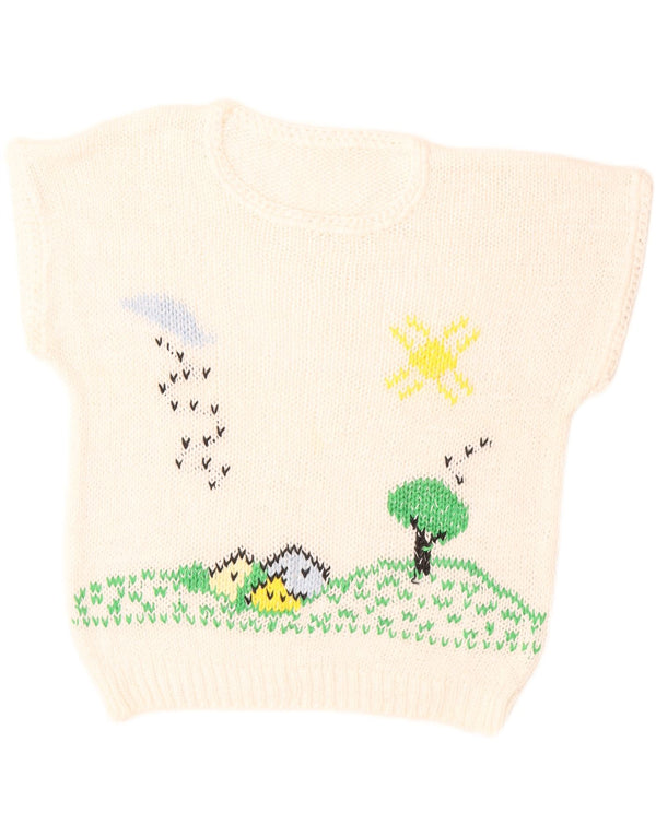 Vintage kvinders grafisk rund hals sweater UK 14 stor hvid