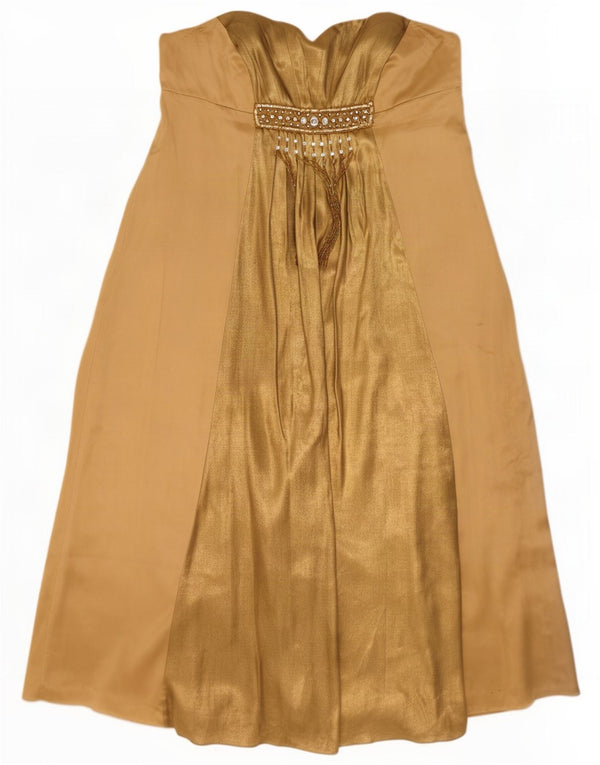 Monsoon Dame Stropløs Kjole UK 22 3XL Guld Colourblock Silke