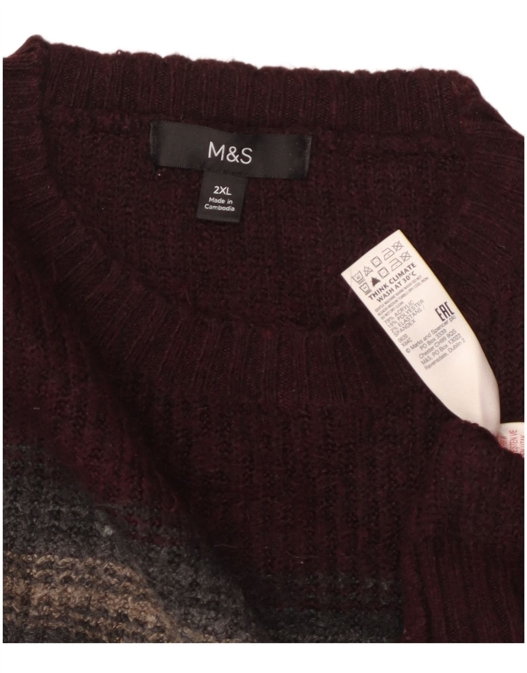 MARKS & SPENCER Herre sweater med rund hals 2XL Bourgogne stribet akryl