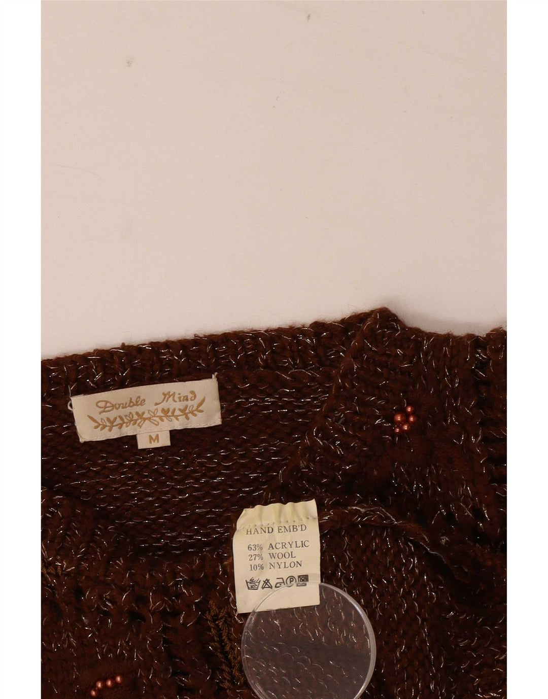 Vintage dame sweater med rund hals DK 14 medium brun patchwork