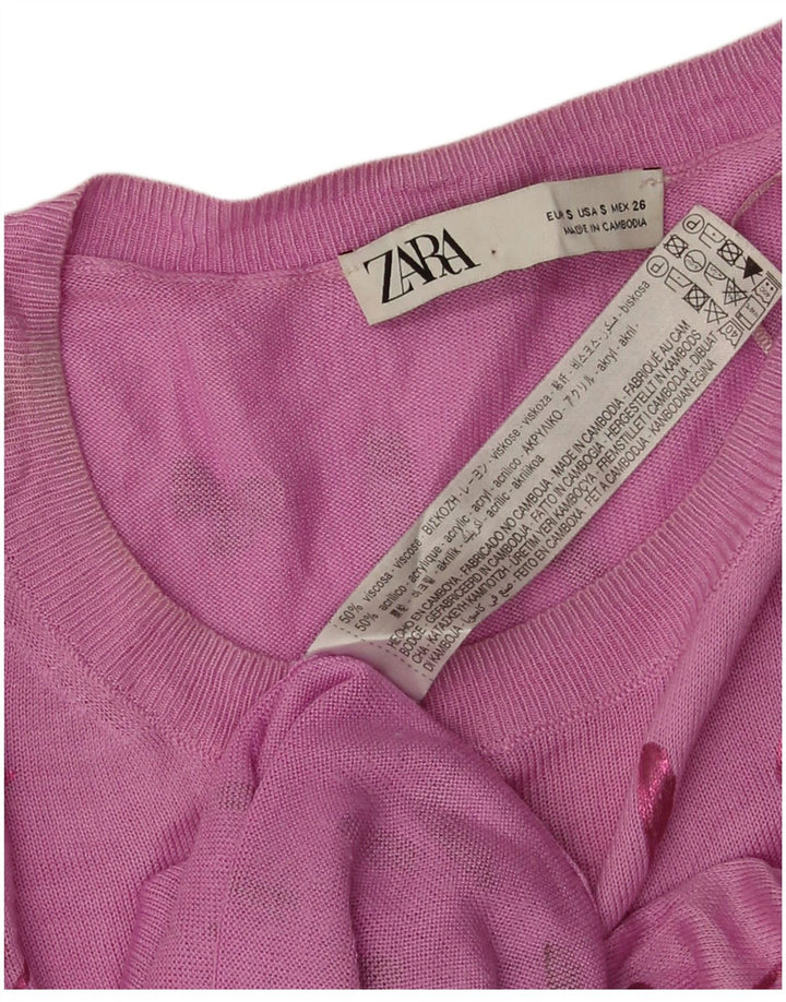 Zara Kvinders abstrakt mønster Boat Neck Jumper Sweater UK 10 Small Pink