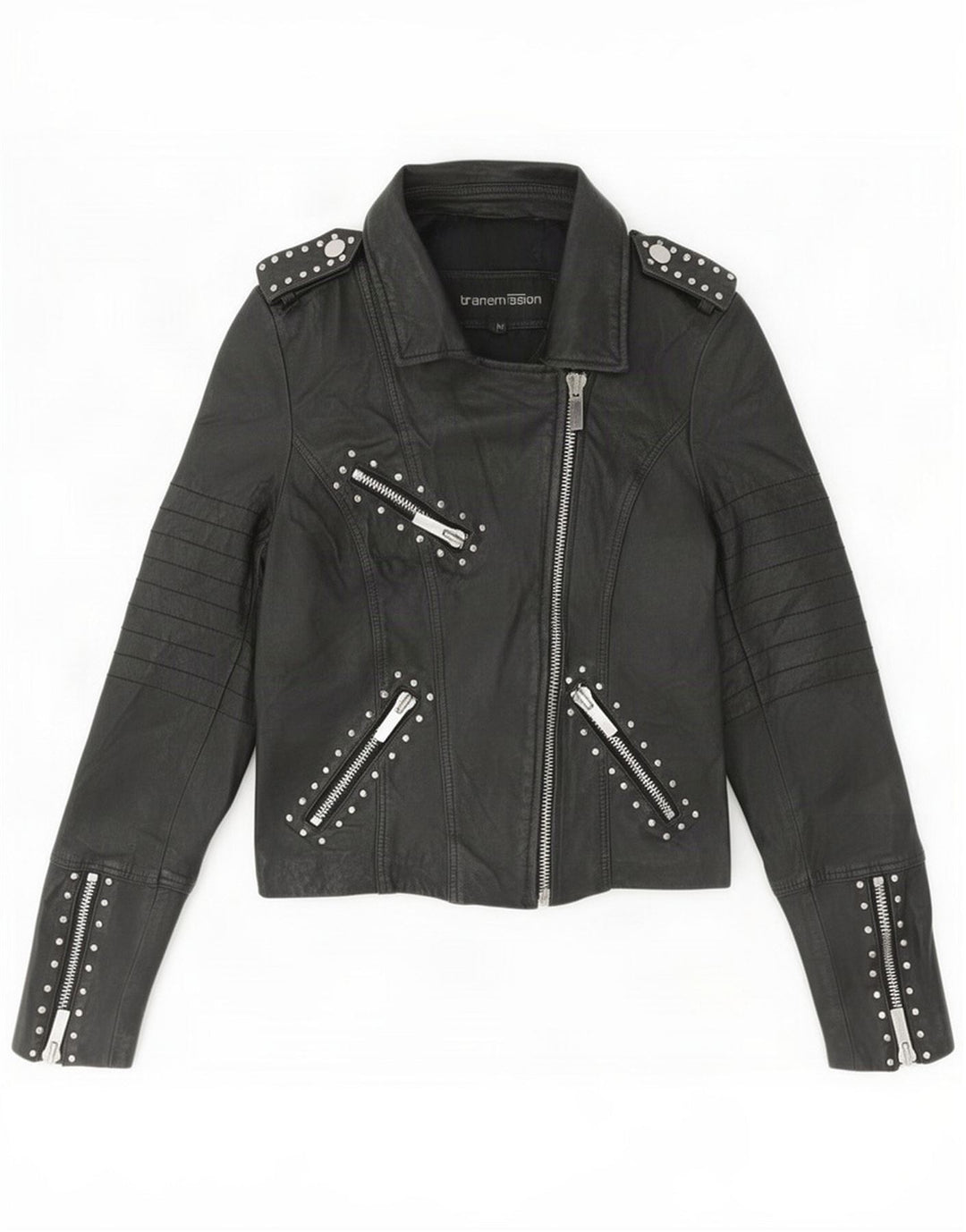 Transmission Dame Læder Biker Jacket UK 12 Medium Sort