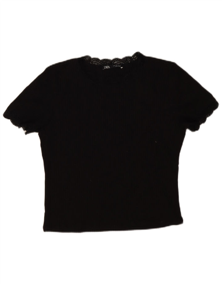 Zara Womens Crop Bluse Top UK 14 Large Black Bomuld