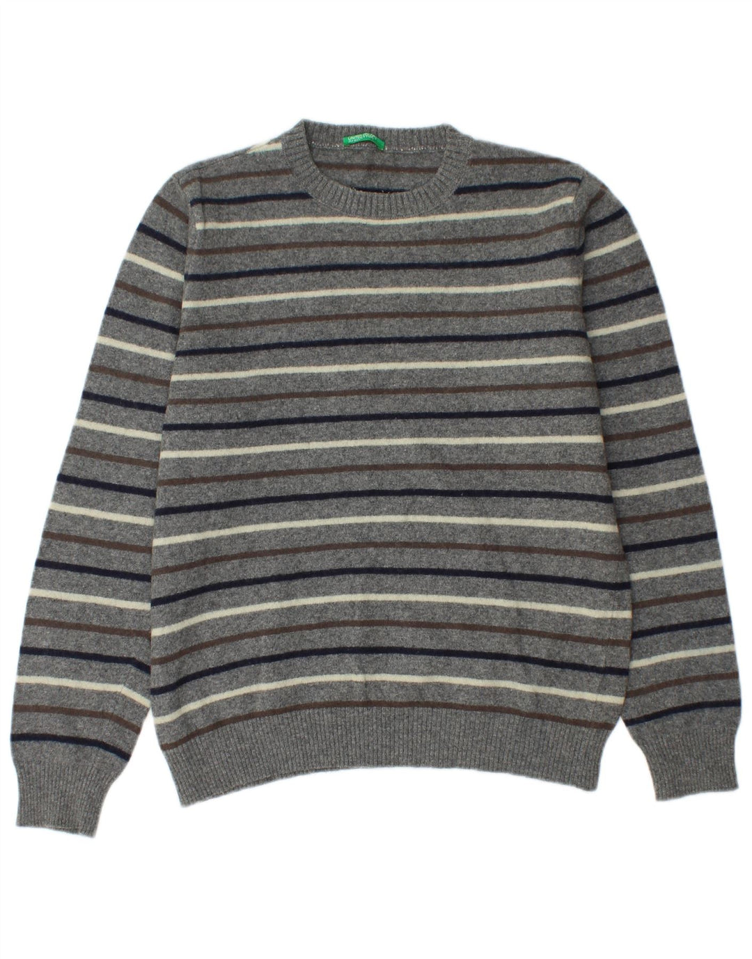 Benetton Herre Crew Neck Jumper Sweater Medium Grå Stribet