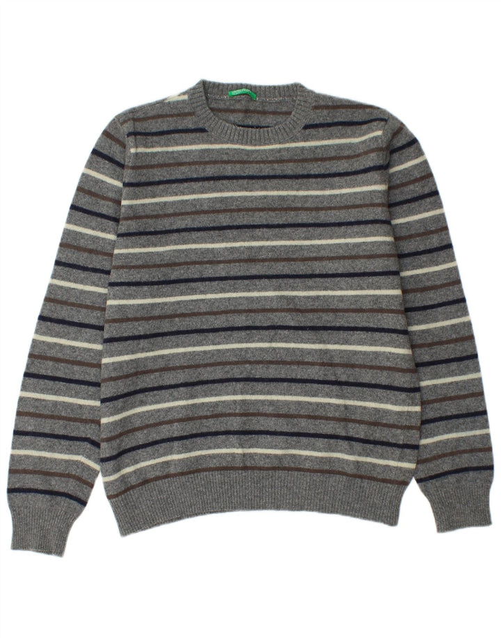 Benetton Herre Crew Neck Jumper Sweater Medium Grå Stribet