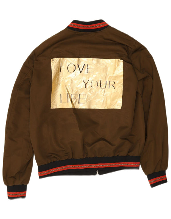 Zara Graphic Bomber Jacket UK 14 Medium Khaki stribet