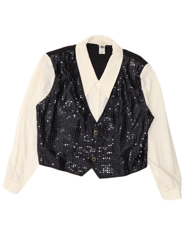 C & A Dame Paillet Vest Skjorte Bluse UK 18 XL Sort Colourblock Viscose