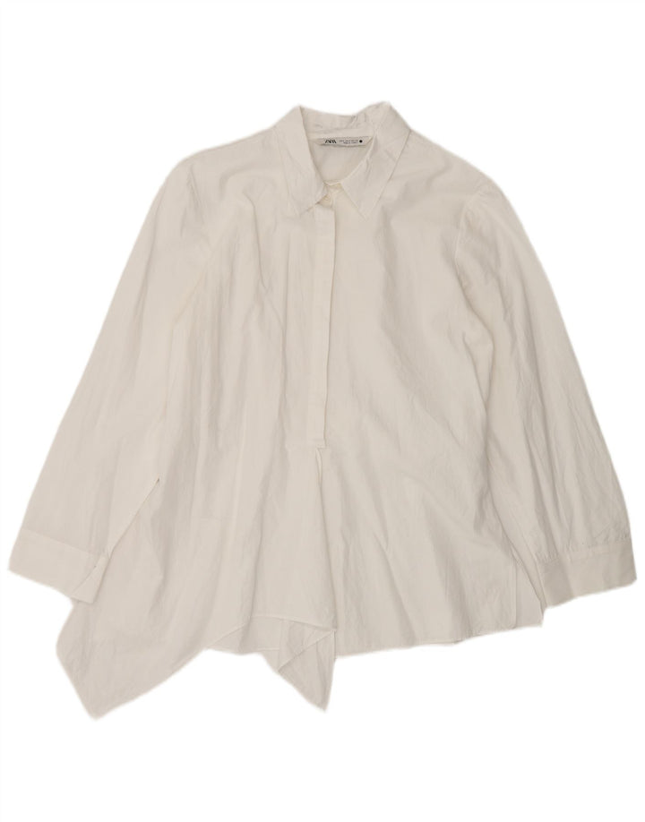 Zara Dame Asymmetrisk Skjorte Bluse UK 10 Small White Bomuld