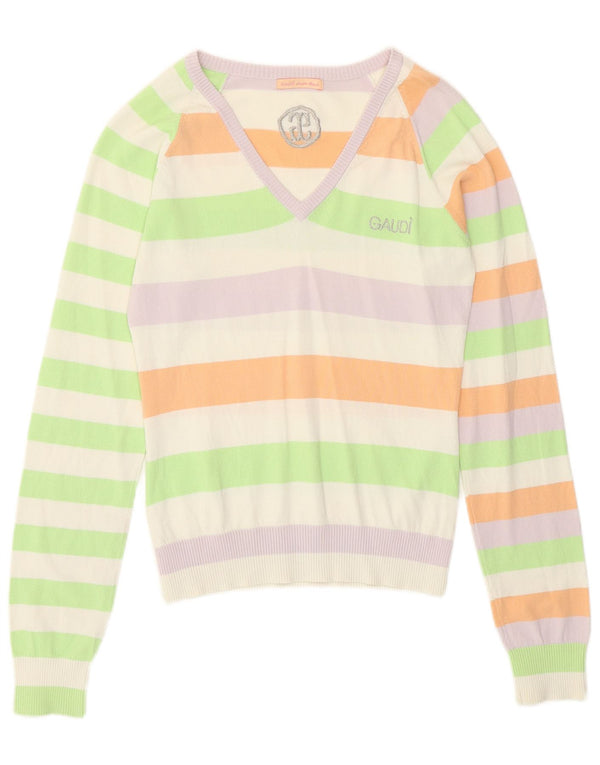 Gaudi Womens V-Neck Jumper Sweater IT 44 Medium Multicoloured Striped Silk