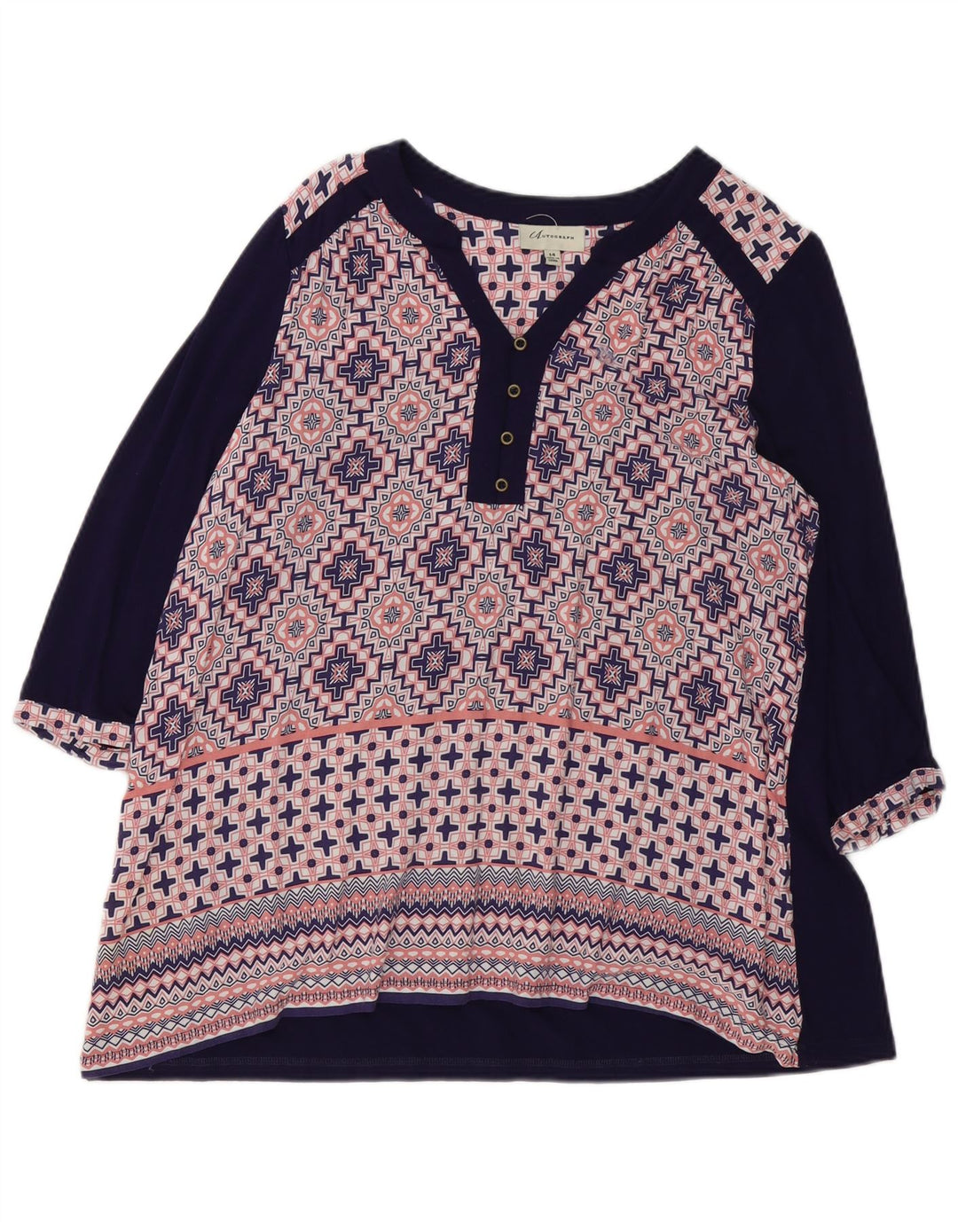 Marks & Spencer Dame 3/4-ærmet bluse Top UK 14 Stor Blå Geometrisk