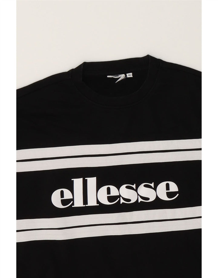 ELLESSE Mens Graphic Sweatshirt Jumper Medium Black Striped Cotton Vintage Ellesse and Second-Hand Ellesse from Messina Hembry 