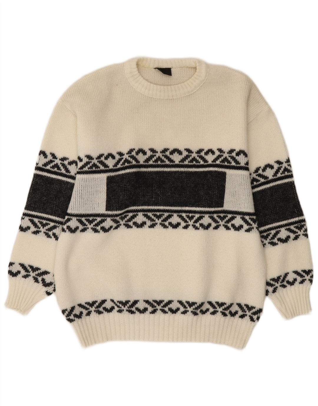 Vintage sweater med rund hals til mænd Medium White Fair Isle
