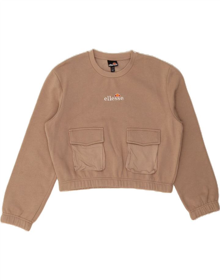 ELLESSE Womens Crop Sweatshirt Jumper UK 14 Large Beige Cotton Vintage Ellesse and Second-Hand Ellesse from Messina Hembry 
